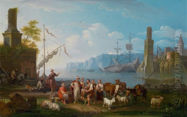 Turkische Kaufleute In Einem Mediterranen Hafen, Im Hintergrund Ankernde Schiffe Oil Painting by Johann Baptist Schaetzel