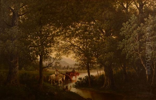 Watering The Horses Oil Painting by Frederick Ferdinand Schafer