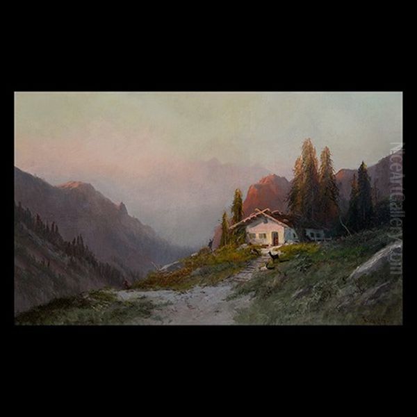 Extensive Mountain Landscape With Alpine Home And Figures Oil Painting by Frederick Ferdinand Schafer