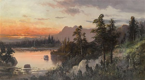 Evening On Santa Cruz River; Thought To Be Mount Lassen (group Of 2) Oil Painting by Frederick Ferdinand Schafer