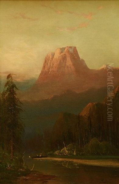 Fisherman In A Boat On A River In Yosemite Valley With El Capital In The Background Oil Painting by Frederick Ferdinand Schafer