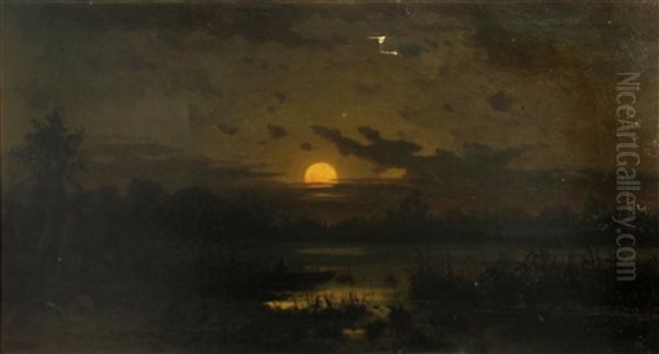 Moonrise On The Sacramento River Oil Painting by Frederick Ferdinand Schafer