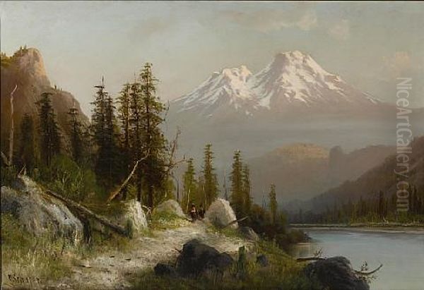 Morning On Mount Shasta, 14,400 Feet High From Shasta Lake, California Oil Painting by Frederick Ferdinand Schafer