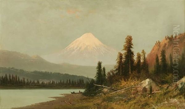 Indians And Canoe At Lake Edge (mt. Hood?) Oil Painting by Frederick Ferdinand Schafer