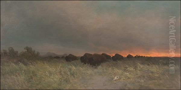 Buffalo Stampede - Prarie Fire Oil Painting by Frederick Ferdinand Schafer