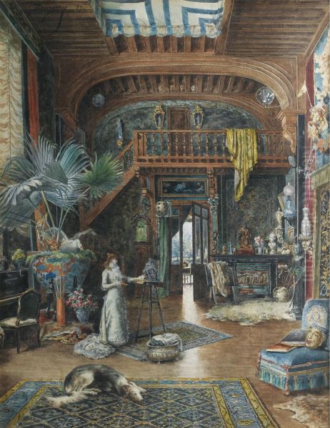 Sarah Bernhardt Sculptant Dans Son Atelier, Rue Fortuny Oil Painting by Marie Desire Bourgoin