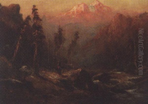 Horse And Rider In Panoramic River Landscape - Mt. Shasta In Distance Oil Painting by Frederick Ferdinand Schafer