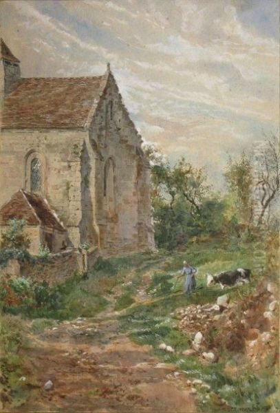 Paysanne Et Sa Vache Derriere L'eglise Oil Painting by Marie Desire Bourgoin