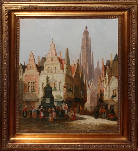 Village Setting With Figures Oil Painting by Henri Schaefer