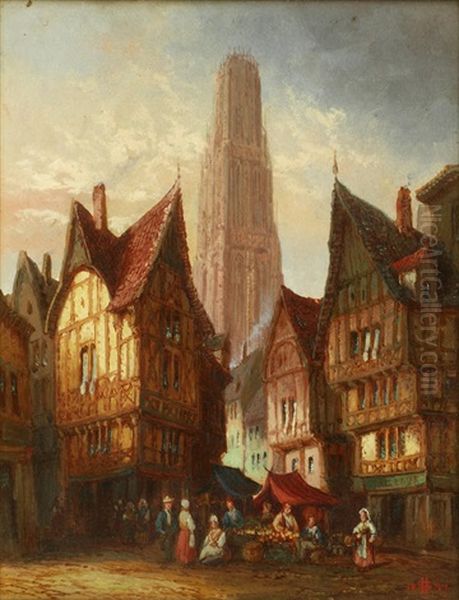 Figures In A Market Place With A Cathedral In The Distance; And Companion 2 Oil Painting by Henry Schafer