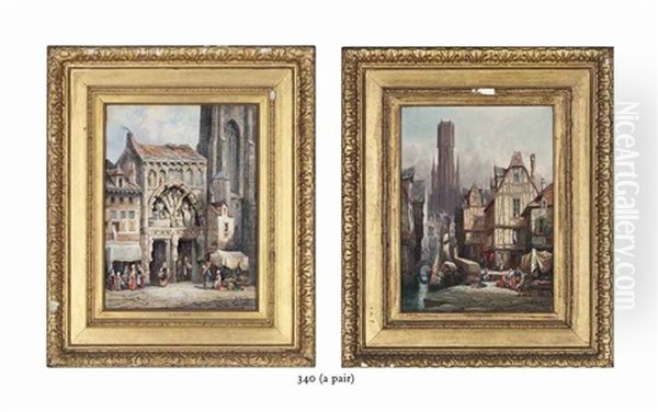 The Old Gateway, Huy, Belgium And Bruges, Belgium (pair) Oil Painting by Henry Schafer