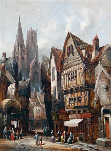 A Continental Town Scene Oil Painting by Henry Schafer