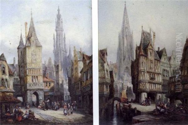 Views Of Antwerp And Freiburg (a Pair) Oil Painting by Henry Schafer