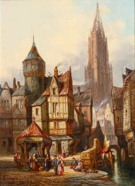 Corner Of Old Antwerp And Vegetable Stall By A Canal In Freiberg, Baden (pair) Oil Painting by Henry Thomas Schafer