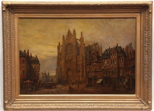 Continental Street Scene With Cathedral Oil Painting by Henry Thomas Schafer