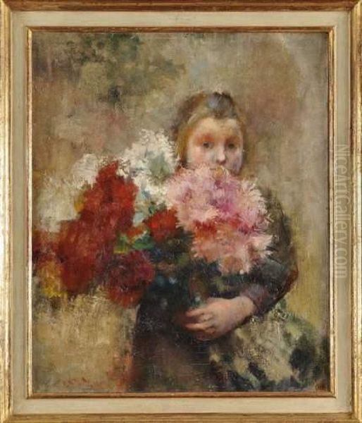 Jeune Fille Au Bouquet De Fleurs Oil Painting by Claude Charles Bourgonnier