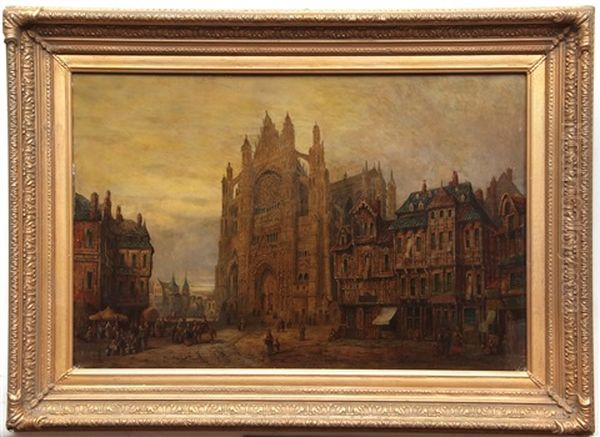 Continental Street Scene With Cathedral Oil Painting by Henry Thomas Schafer