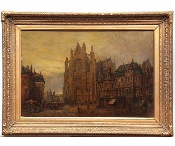 Continental Street Scene With Cathedral Oil Painting by Henry Thomas Schafer