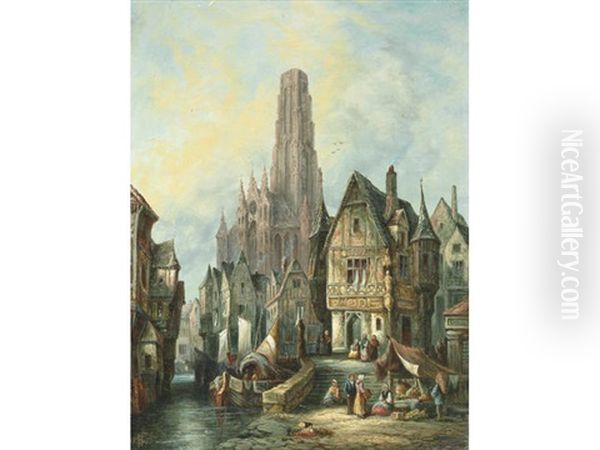 Townscapes From The Low Countries (pair) Oil Painting by Henry Thomas Schafer