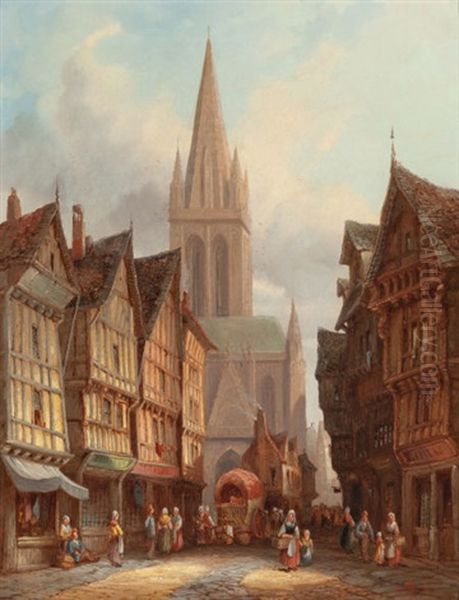 Market Day In Honfleur, Normandy And Regensburg Cathedral Of St. Peter, Germany (pair) Oil Painting by Henry Thomas Schafer