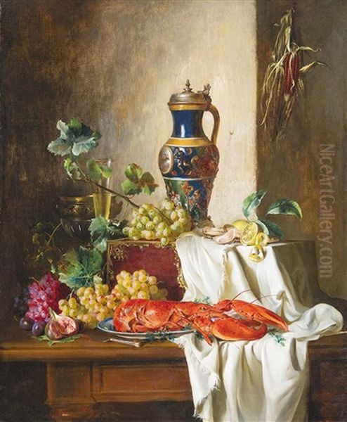 Still Life With Lobster Oil Painting by Adalbert Schaeffer