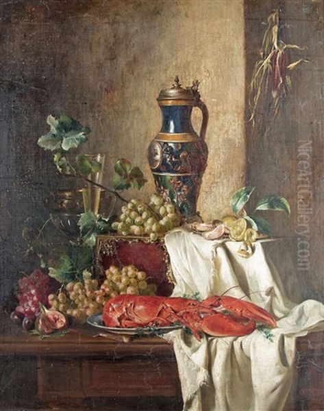 Still Life With Lobster Oil Painting by Adalbert Schaeffer