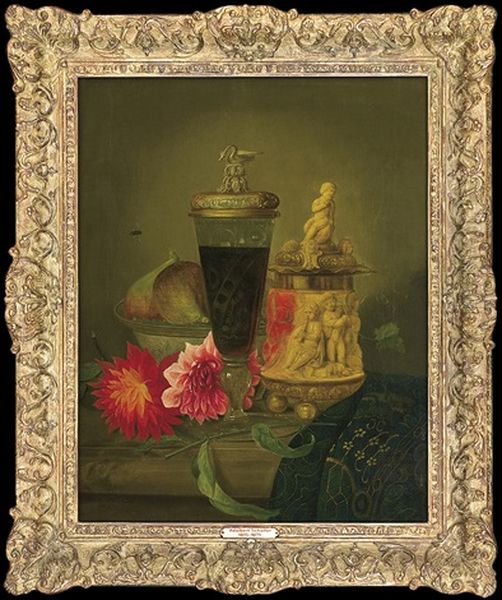 Still Life With Flowers Of Dahlia Oil Painting by Adalbert Schaeffer