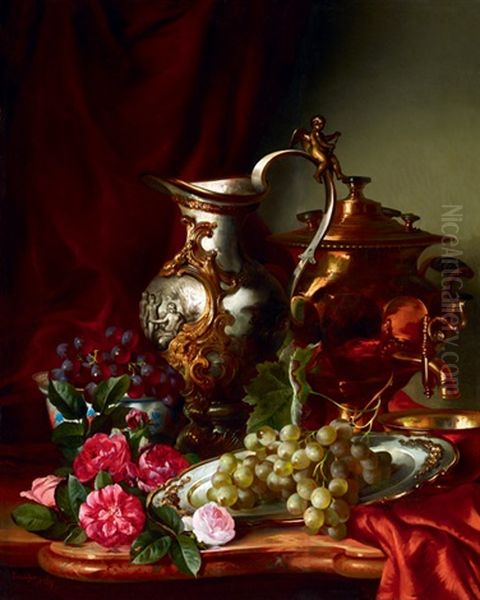 Still-life With Grapes And Samovar (biedermeier Still-life) Oil Painting by Adalbert Schaeffer