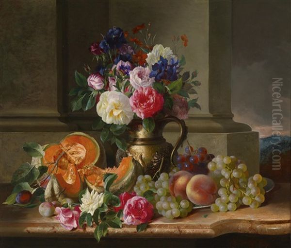 Reiches Blumen- Und Fruchtestillleben Oil Painting by Adalbert Schaeffer