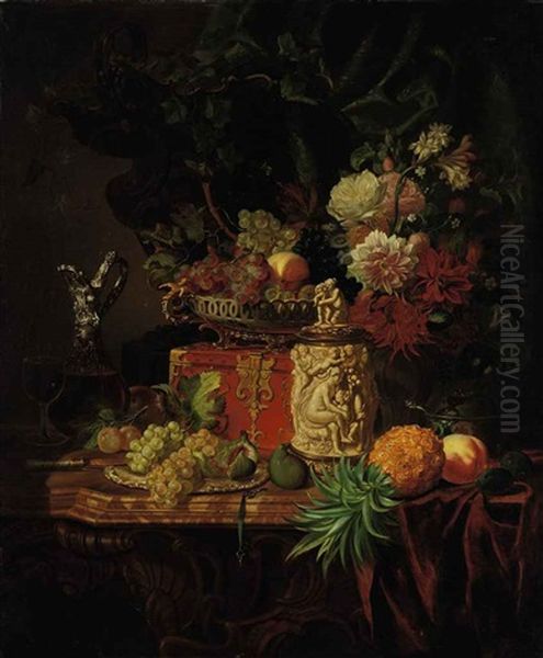 Flowers And Fruit With A Casket, A Tankard And A Flask Of Wine On A Marble Topped Table Oil Painting by Adalbert Schaeffer