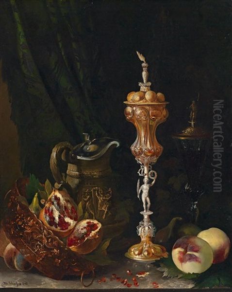 Stillleben Mit Granatapfeln Oil Painting by Adalbert Schaeffer