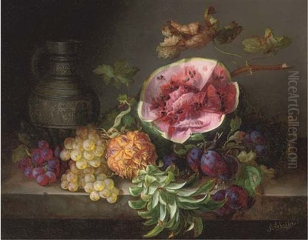 A Watermelon And Other Fruit By An Ornamental Ewer Oil Painting by Adalbert Schaeffer