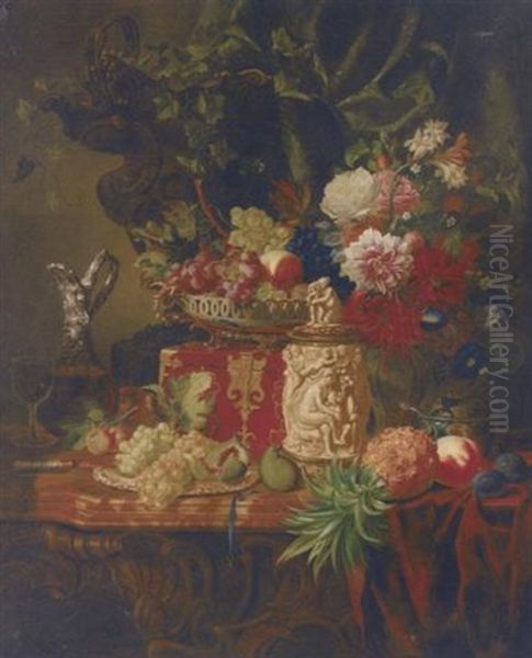 A Cornucopia Of Fruit, Flowers, An Ivory Casket And A Flask Of Wine On A Table Oil Painting by Adalbert Schaeffer