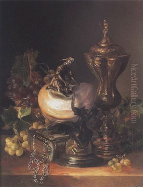 Still Life With A Nautilus And Grapes On A Marble Ledge Oil Painting by Adalbert Schaeffer