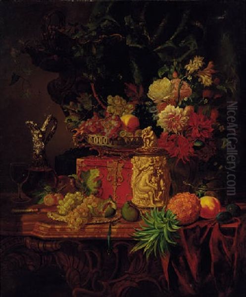 Flowers And Fruit With A Casket, A Tankard And A Flask Of Wine On A Marble Topped Table Oil Painting by Adalbert Schaeffer