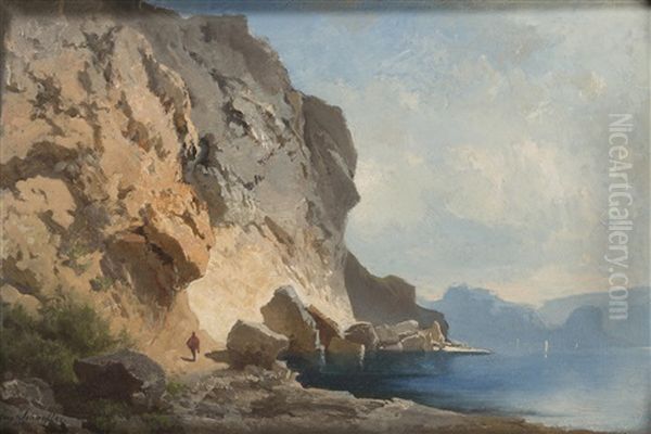 Rocks By The Water Signed And Dated Aug. Schaeffer 858 Bottom Left (signature Partially Highlighted) Oil Painting by August Schaeffer