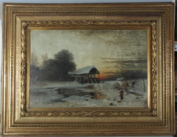 Winterlandschaft Mit Reisigsammlerin Oil Painting by August Schaeffer