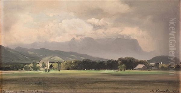 Blick Von Glasenbach Bei Salzburg Zum Tennengebirge Oil Painting by August Schaeffer