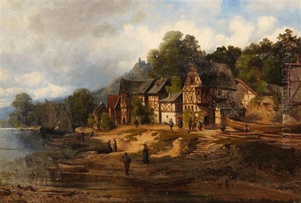 A Small Town By The Rhine Oil Painting by August Schaeffer