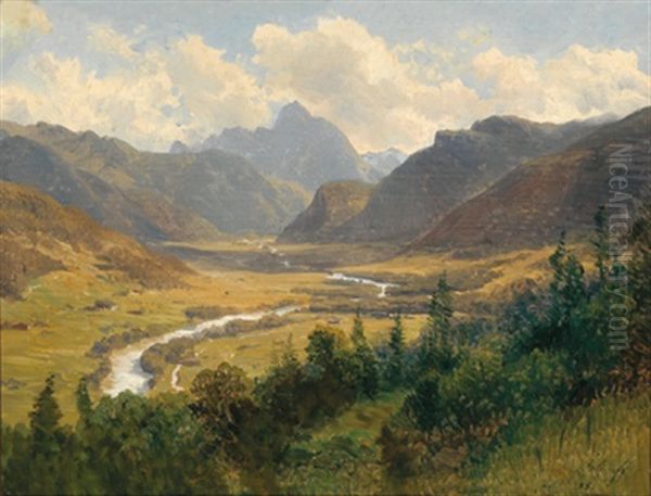 Gebirgstal Mit Flus Oil Painting by August Schaeffer