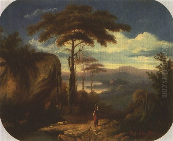 Wassertragerin Vor Sudlicher Landschaft Mit Agaven Und Schirmpinien Oil Painting by August Schaeffer