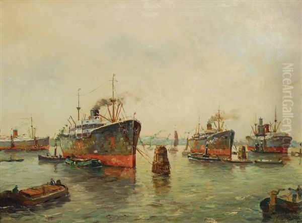 Rotterdam Harbour Oil Painting by Hugo Van Schaik