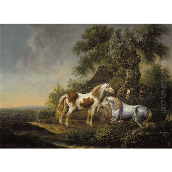 Paar Landschaften Mit Kuhen An Der Tranke Und Pferden Oil Painting by Johann Jakob Schalch