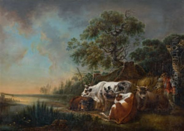 Uferlandschaft Mit Hirte Und Kuhen Oil Painting by Johann Jakob Schalch