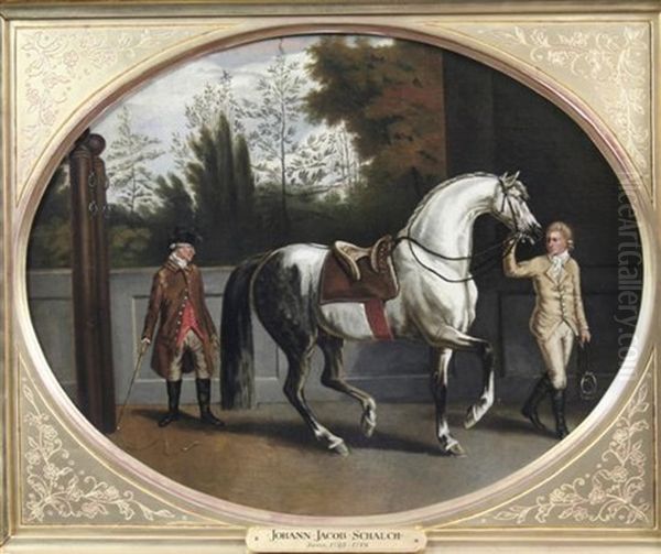 Riding Master With A Grey Horse Being Lead By A Groom Oil Painting by Johann Jakob Schalch