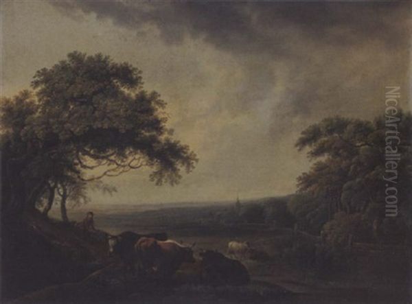 Bewolkte Landschaft Mit Hirte, Kuhen Und Schafen Oil Painting by Johann Jakob Schalch