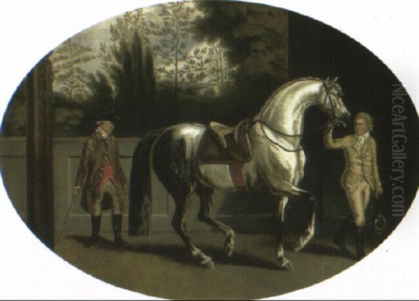 A Riding Master With A Grey Stallion Being Led By A Groom In A Courtyard Oil Painting by Johann Jakob Schalch