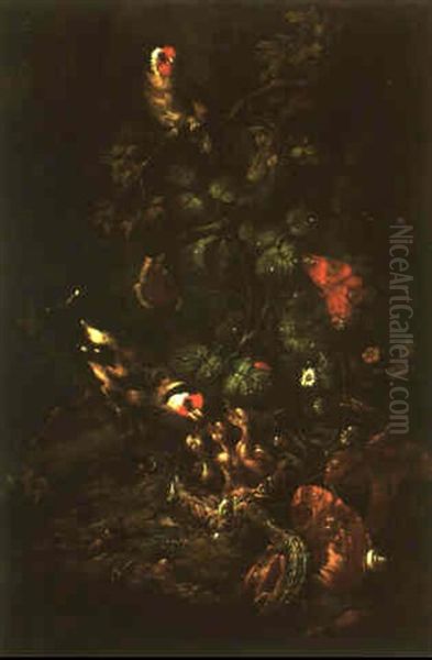 Still Lifes With Birds And Insects In The Undergrowth At The Foot Of A Tree Oil Painting by Johann Jakob Schalch