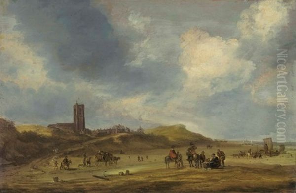 A View Of Egmond Aan Zee, A Horsedrawn Carriage, A Woman Selling Fish, And Other Figures Along The Beach Oil Painting by Cornelis Simonsz van der Schalcke