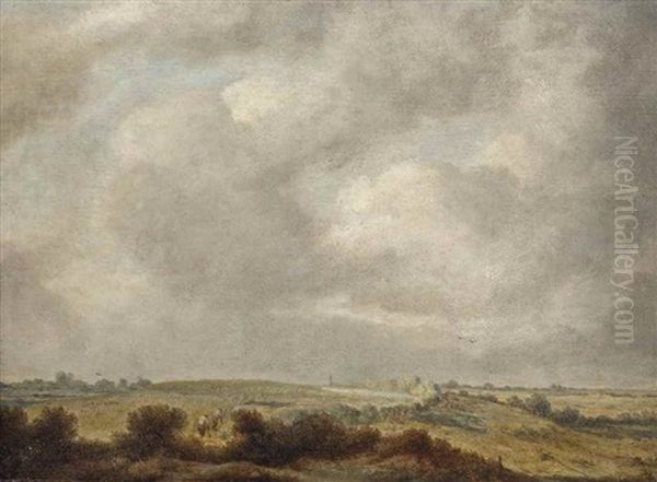 A Extensive Landscape With Two Figures In A Field Oil Painting by Cornelis Simonsz van der Schalcke